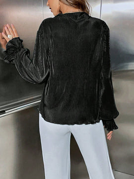 Prive Blusa con cuenta de perla de manga con volante plisado