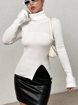 EZwear Jersey cuello alto de peluche puno bajo con abertura