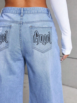 ICON Jeans fuego con bordado de pierna ancha capri