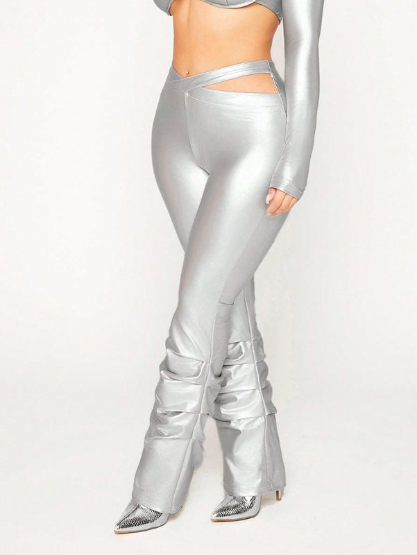 SXY Pantalones acampanados de cintura con abertura fruncido