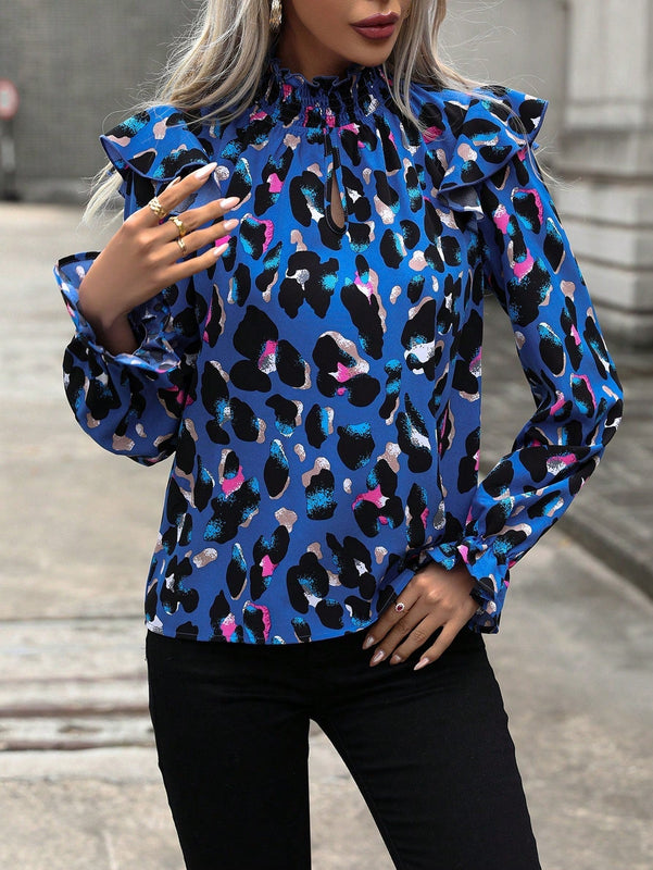 LUNE Blusa con estampado ribete con fruncido de manga con volante