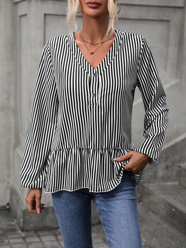 EMERY ROSE Blusa peplum con estampado de rayas de manga farol