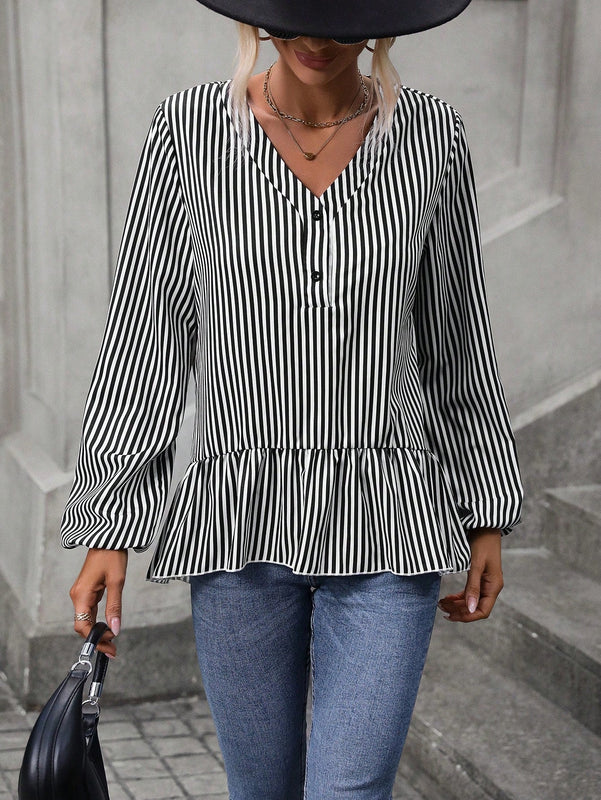 EMERY ROSE Blusa peplum con estampado de rayas de manga farol
