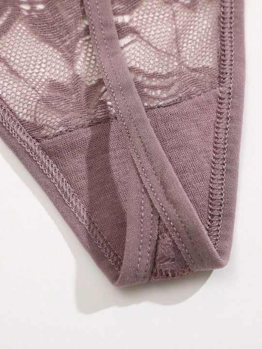 5 Piezas De Tanga Con Cintura Baja Y Encaje Solido Para Mujer, Con Banda De Cintura Fina, Conjunto De Lenceria Sexy Para Mujer