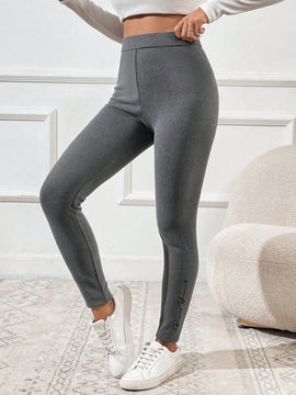 Pantalones Largos De Corte Slim Para Mujer Con Diseno De Estampado De Letras