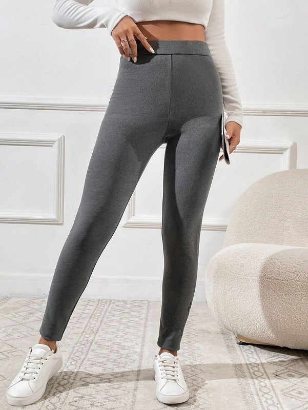 Pantalones Largos De Corte Slim Para Mujer Con Diseno De Estampado De Letras