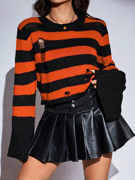 EZwear Jersey con patron de rayas de manga amplia desgarro