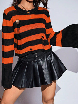 EZwear Jersey con patron de rayas de manga amplia desgarro