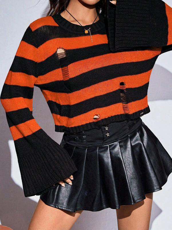 EZwear Jersey con patron de rayas de manga amplia desgarro