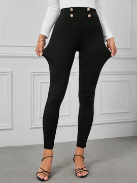 Clasi pantalones pitillo de cintura alta con detalle de botones, alta elasticidad
