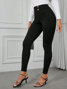 Clasi pantalones pitillo de cintura alta con detalle de botones, alta elasticidad