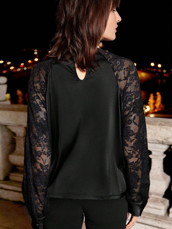 Frenchy Blusa con encaje en contraste de manga raglan