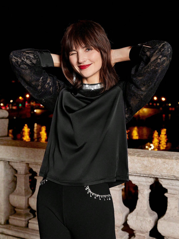 Frenchy Blusa con encaje en contraste de manga raglan