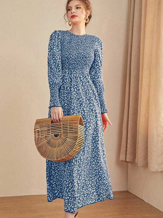 Mulvari Vestido linea A floral de manga farol con fruncido