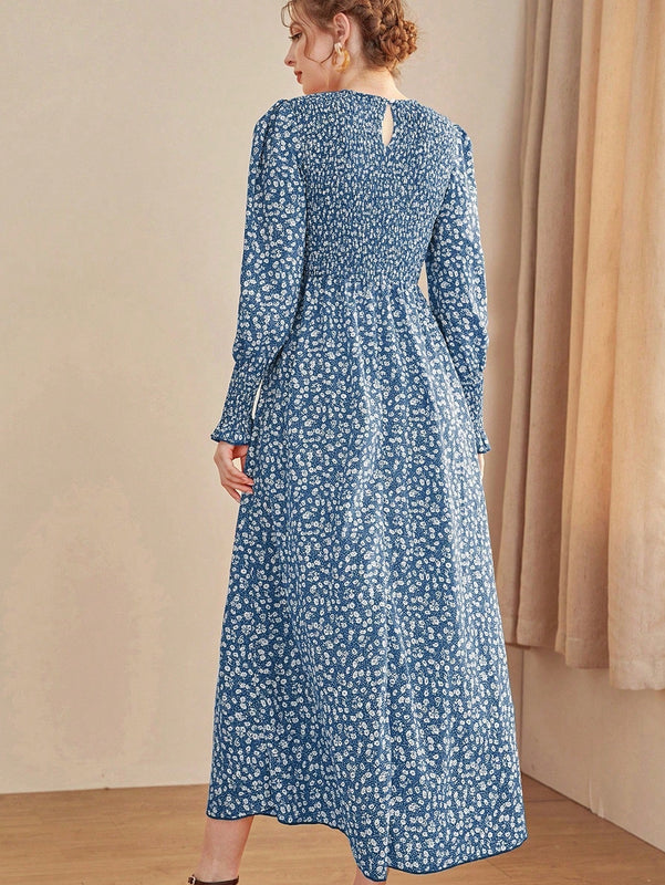 Mulvari Vestido linea A floral de manga farol con fruncido