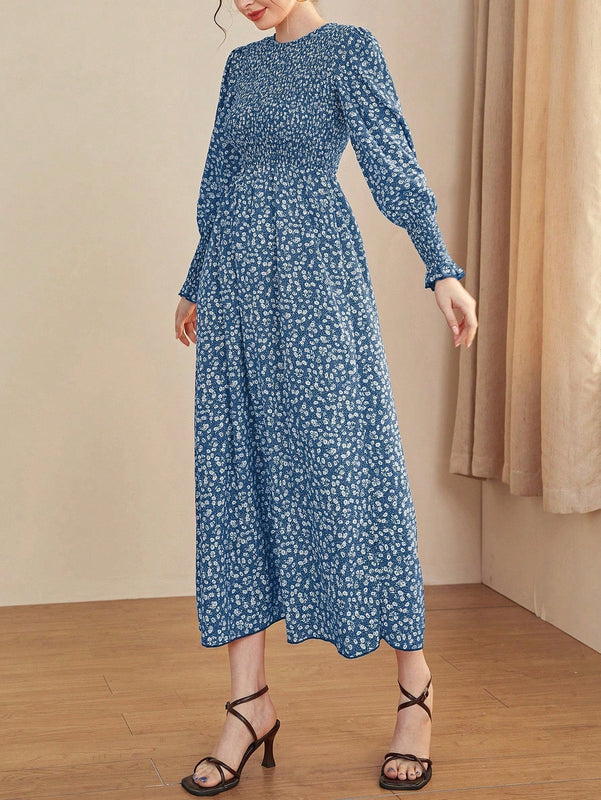 Mulvari Vestido linea A floral de manga farol con fruncido