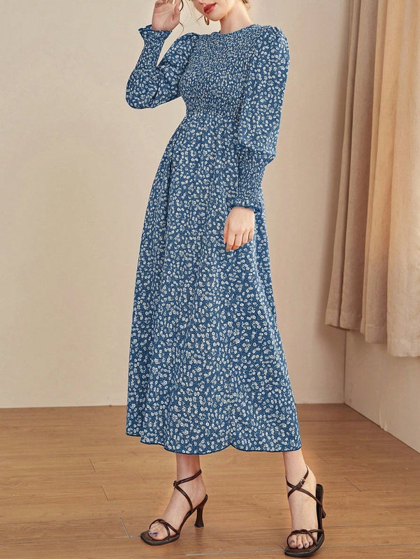 Mulvari Vestido linea A floral de manga farol con fruncido
