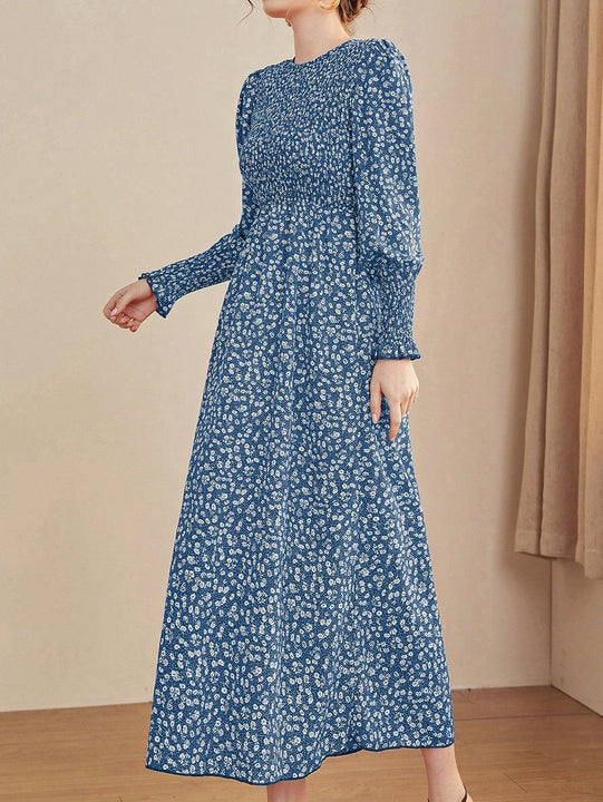 Mulvari Vestido linea A floral de manga farol con fruncido