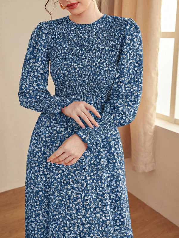 Mulvari Vestido linea A floral de manga farol con fruncido