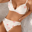 2 Unids/set Conjunto De Sujetador Y Tanga Con Estampado Floral Y Corazon Con Ribete De Volantes