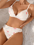 2 Unids/set Conjunto De Sujetador Y Tanga Con Estampado Floral Y Corazon Con Ribete De Volantes
