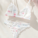 2 Unids/set Conjunto De Sujetador Y Tanga Con Estampado Floral Y Corazon Con Ribete De Volantes