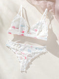 2 Unids/set Conjunto De Sujetador Y Tanga Con Estampado Floral Y Corazon Con Ribete De Volantes