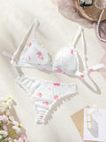 2 Unids/set Conjunto De Sujetador Y Tanga Con Estampado Floral Y Corazon Con Ribete De Volantes