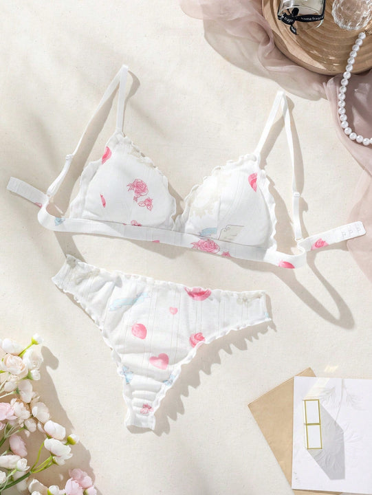 2 Unids/set Conjunto De Sujetador Y Tanga Con Estampado Floral Y Corazon Con Ribete De Volantes