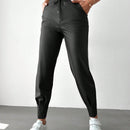 Pantalones con punos elasticos y cintura con cordon de color liso para mujer