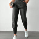 Pantalones con punos elasticos y cintura con cordon de color liso para mujer