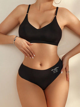 unicolor inalambrico Brasier push-up con con estampado de letra triangulo Tangas Set