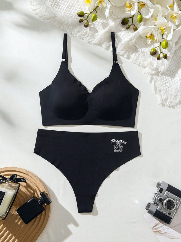 unicolor inalambrico Brasier push-up con con estampado de letra triangulo Tangas Set