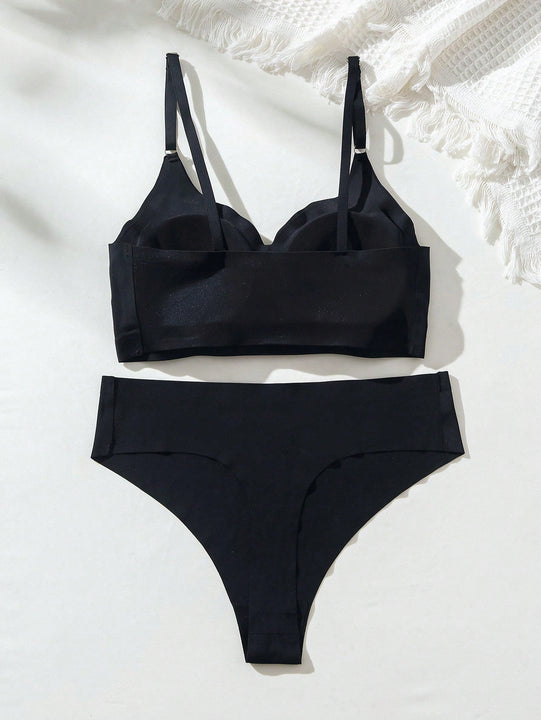 unicolor inalambrico Brasier push-up con con estampado de letra triangulo Tangas Set