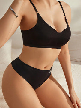 unicolor inalambrico Brasier push-up con con estampado de letra triangulo Tangas Set