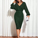 Vestido ajustado de cuello cruzado de manga farol brillante
