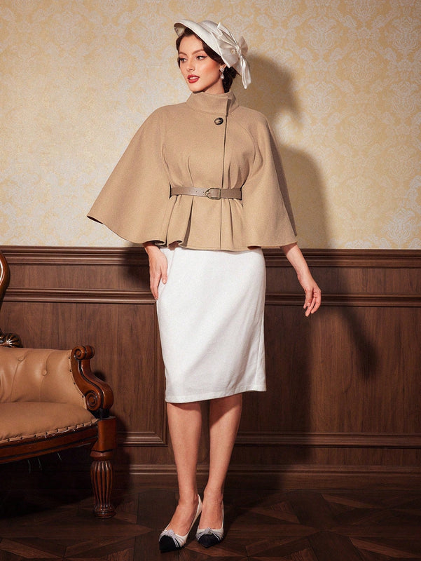 Vintamour abrigo capa elegante con cuello de pie de unicolor para mujer, para otono/invierno