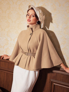 Vintamour abrigo capa elegante con cuello de pie de unicolor para mujer, para otono/invierno