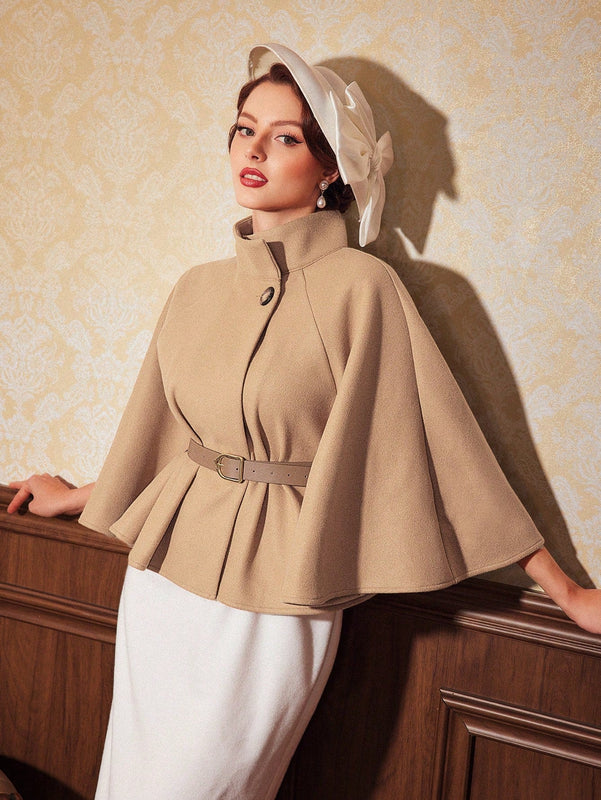 Vintamour abrigo capa elegante con cuello de pie de unicolor para mujer, para otono/invierno