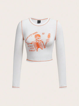Camiseta crop esqueleto & con estampado de slogan con puntada