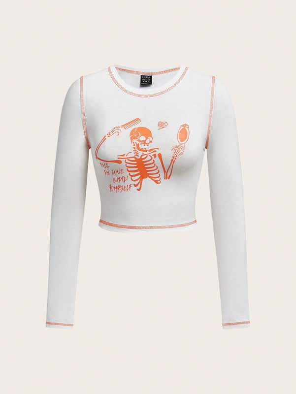 Camiseta crop esqueleto & con estampado de slogan con puntada
