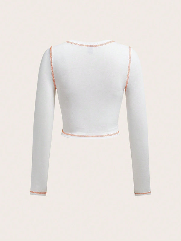 Camiseta crop esqueleto & con estampado de slogan con puntada
