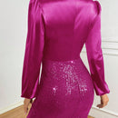 Vestido ajustado de cuello cruzado de manga farol con nudo lateral con lentejuelas