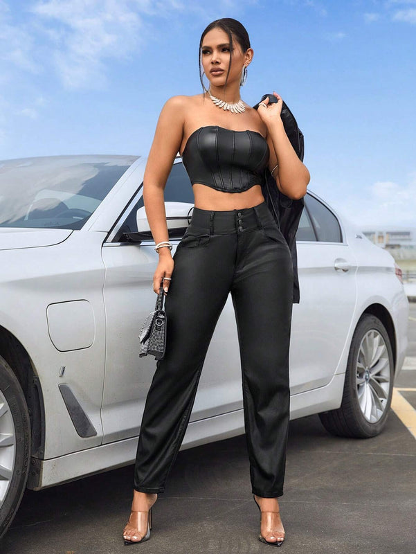 SXY Mujeres Pantalones de boton de cintura alta solidos casuales y simples