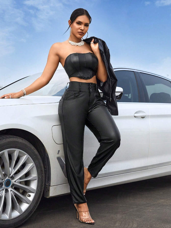 SXY Mujeres Pantalones de boton de cintura alta solidos casuales y simples