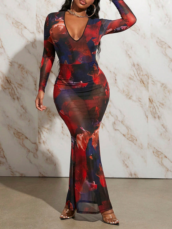 Slayr Vestido ajustado con estampado de pincelada de cuello scoop