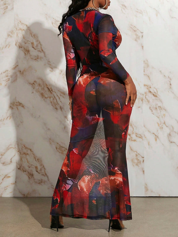 Slayr Vestido ajustado con estampado de pincelada de cuello scoop