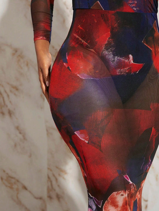 Slayr Vestido ajustado con estampado de pincelada de cuello scoop