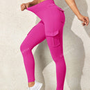 Leggings deportivos de cintura alta, color rosa, con multiples bolsillos con solapa, cinturilla ancha, para correr, yoga, fitness, pantalones ajustados, pantalones de entrenamiento informales