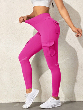 Leggings deportivos de cintura alta, color rosa, con multiples bolsillos con solapa, cinturilla ancha, para correr, yoga, fitness, pantalones ajustados, pantalones de entrenamiento informales